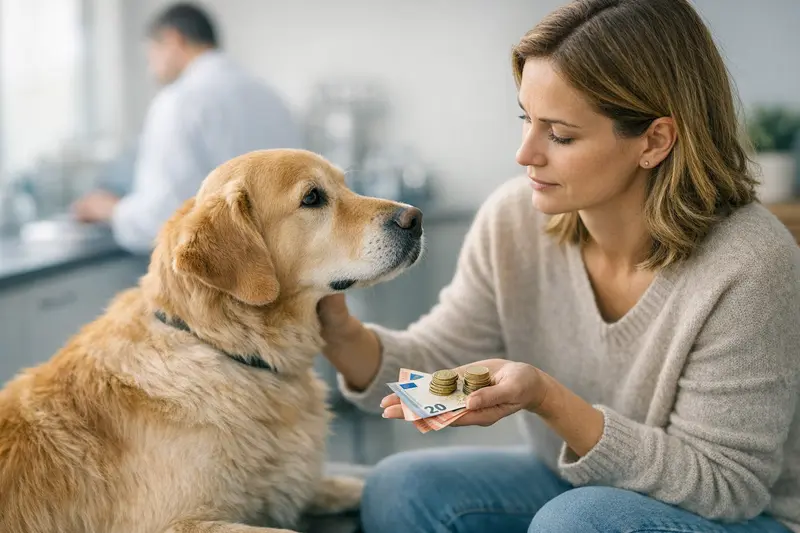 Hundehalter bespricht mit Tierarzt Kosten und Erstattung der Versicherung.