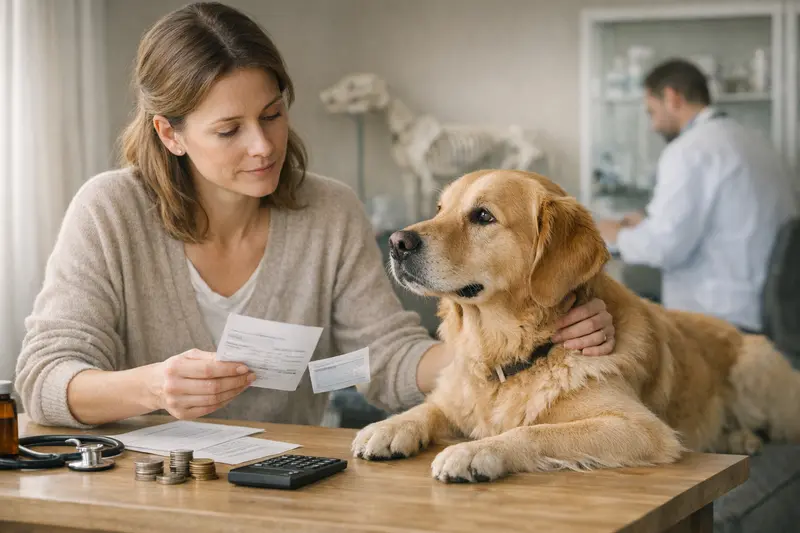 Ein glücklicher Hund beim Tierarzt, der eine Untersuchung erhält, um die Bedeutung von Selbstbeteiligung und Erstattungsquote zu verdeutlichen.