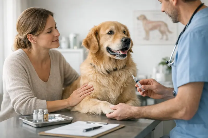 Tierarztbesuch für Vorsorgeuntersuchung Hundehalter, der mit seinem Hund beim Tierarzt einen Check-up durchführt.