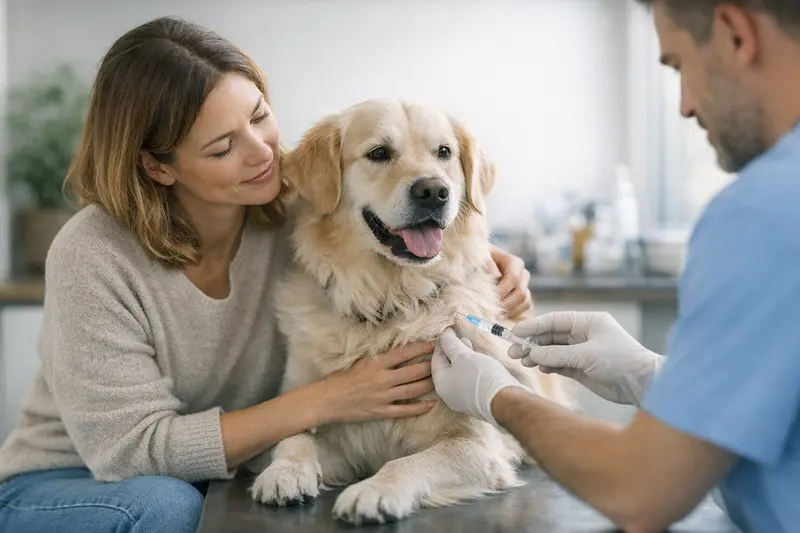 Hund in der Tierarztpraxis bei Impfung Ein Tierarzt, der einem Hund eine Impfung verabreicht, um die Bedeutung von Vorsorge in der Hundekrankenversicherung zu verdeutlichen.
