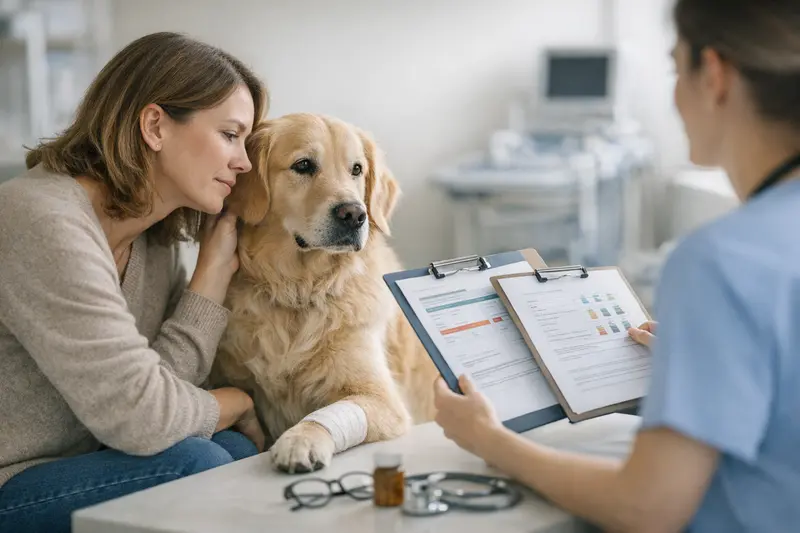 Tierärztliche Betreuung für Hunde Ein Hund erhält tierärztliche Betreuung bei einer Schmerzkontrolle.