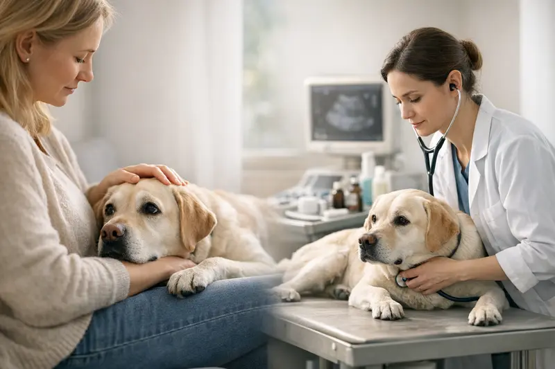 Unterschied zwischen OP-Schutz und Hundekrankenversicherung Hund mit Tierarzt, der die Unterschiede zwischen OP-Schutz und Hundekrankenversicherung erklärt