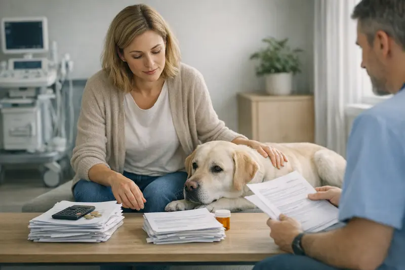 Hund bei Tierarztuntersuchung Hund beim Tierarzt zur Untersuchung, um die Bedeutung von Erstattung und Beitrag in der Krankenversicherung zu verdeutlichen.