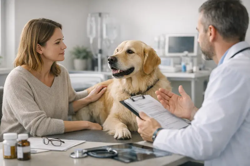 Hundeversicherung Tarifdetails verstehen Hundehalter untersucht Tierarztkosten und Tarifdetails für die Hundekrankenversicherung.