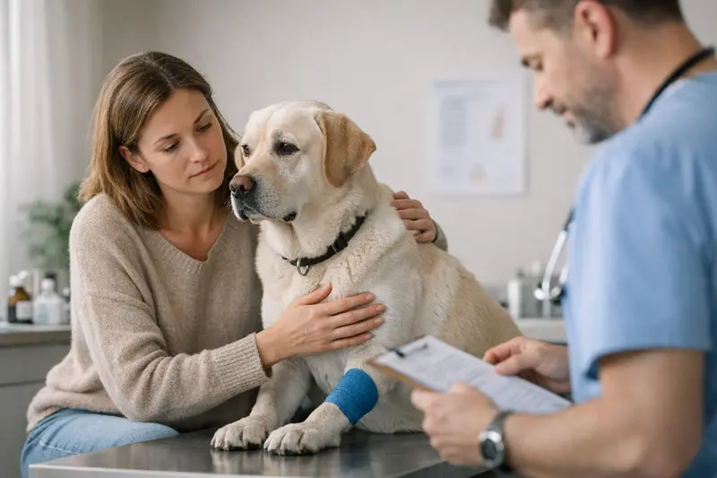 Hund beim Tierarzt, der über Vorerkrankungen und deren Auswirkungen auf die Krankenversicherung informiert.