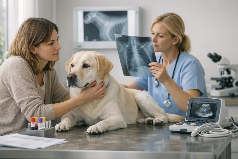 Hund beim Tierarzt für Diagnostik Ein Hund beim Tierarzt, der eine Blutuntersuchung für die Krankenkassenabrechnung erhält.