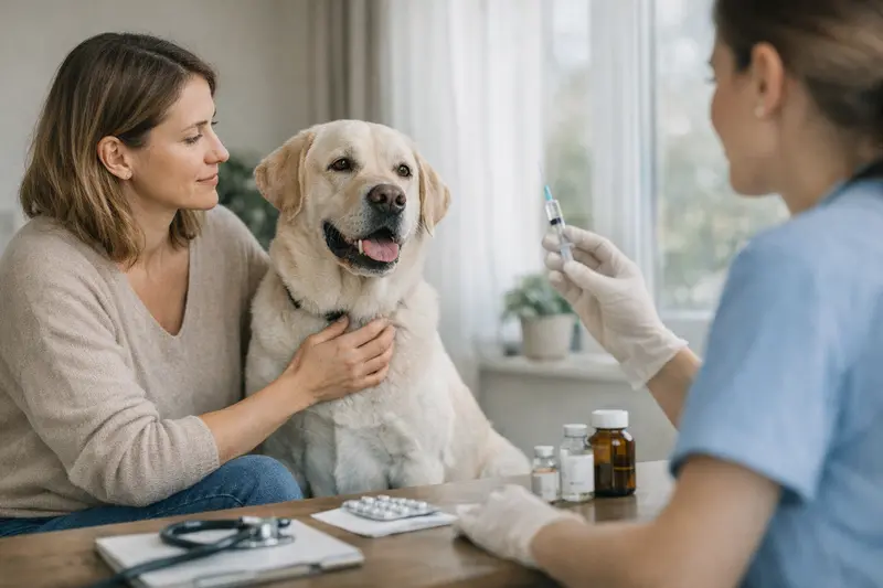 Vorsorgeleistungen in der Tierkrankenversicherung Hund erhält eine Impfung beim Tierarzt, was Teil der Vorsorgeleistungen einer Tierkrankenversicherung sein kann.