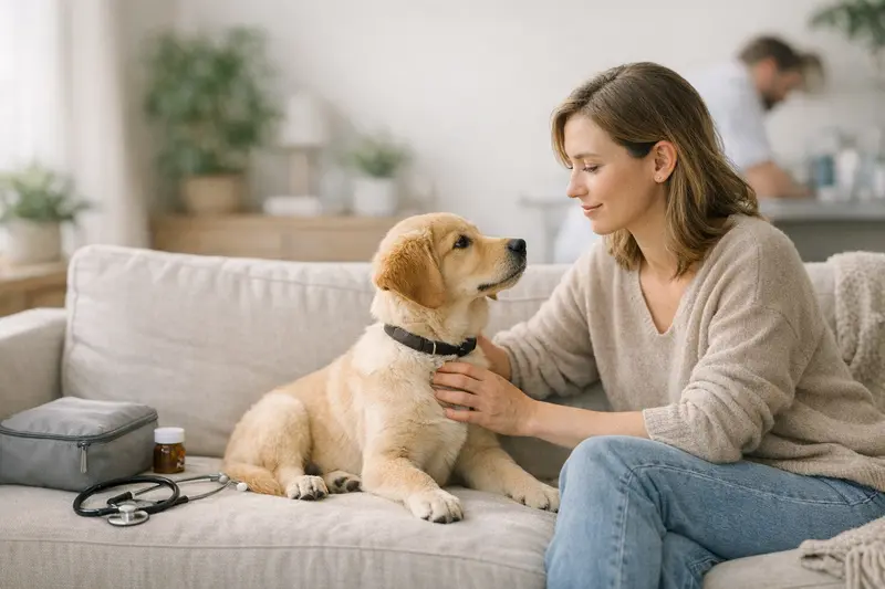 Junger, gesunder Hund beim Tierarzt für eine Vorsorgeuntersuchung.