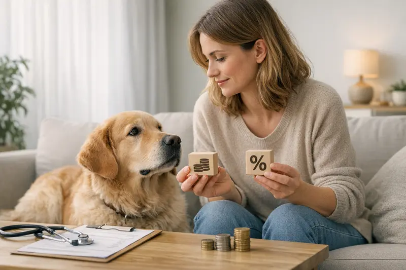 Hundekrankenversicherung und Tierarztkosten Ein Hund beim Tierarzt mit digitalen Rechnungen und Versicherungsunterlagen.