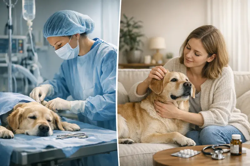 Ein Hund und sein Besitzer beim Tierarzt, der zwischen Hundekrankenversicherung und OP-Versicherung erklärt.
