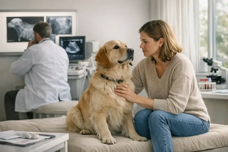 Tierarzt Diagnosetests für Hunde Ein Tierarzt, der eine Diagnosetests bei einem Hund erklärt