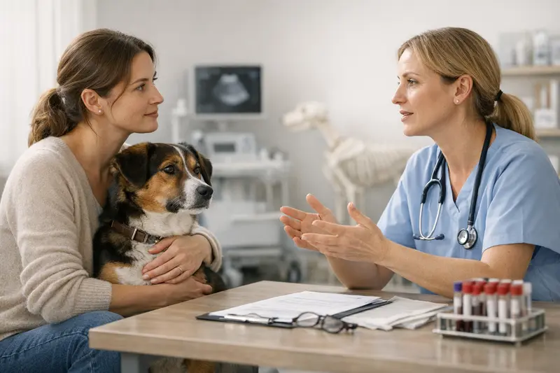 Ein Tierarzt führt eine diagnostische Untersuchung bei einem Hund durch, um mögliche Krankheiten festzustellen.