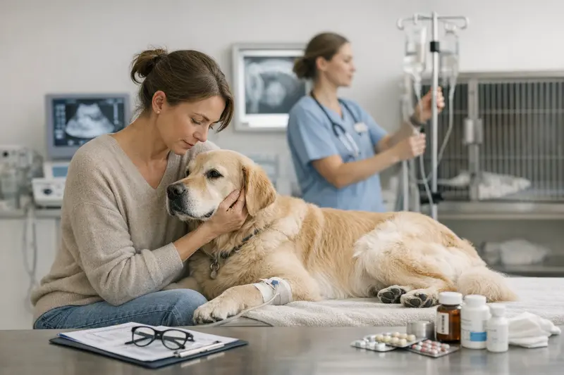 Ein Hund beim Tierarzt, der auf die Kosten von Krankheiten untersucht wird.