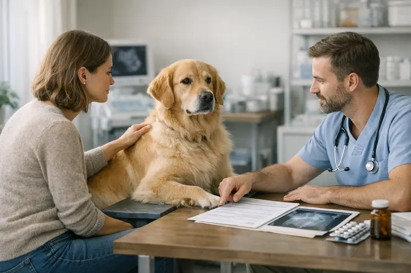 Hundearzt und Tarifvergleich bei der Tierkrankenversicherung Hund auf einer grünen Wiese, während der Tierarzt Kosten und Leistung eines Versicherungsvertrags erklärt.