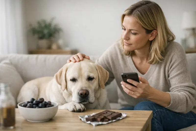 Gefährliche Lebensmittel für Hunde Ein Hund schnüffelt an einem Stück Schokolade, während eine Hand Trauben hält.