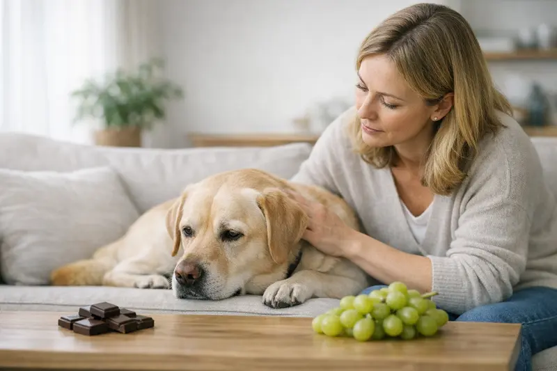 Gefahren für Hunde: Trauben und Schokolade Ein besorgter Hundebesitzer hält seinen Hund, während er über die Gefahren von Trauben und Schokolade informiert wird.