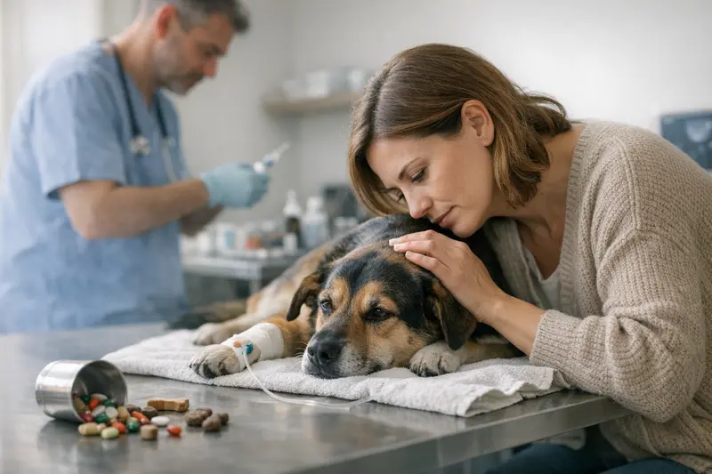 Hundekrankenversicherung bei Vergiftungsverdacht Ein Hund, der nach einer Vergiftung behandelt wird, mit einem Tierarzt im Hintergrund.