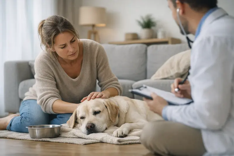 Hund mit Durchfallsymptomen Ein gesunder Hund mit aufmerksamem Blick, der Symptome von Durchfall zeigt.