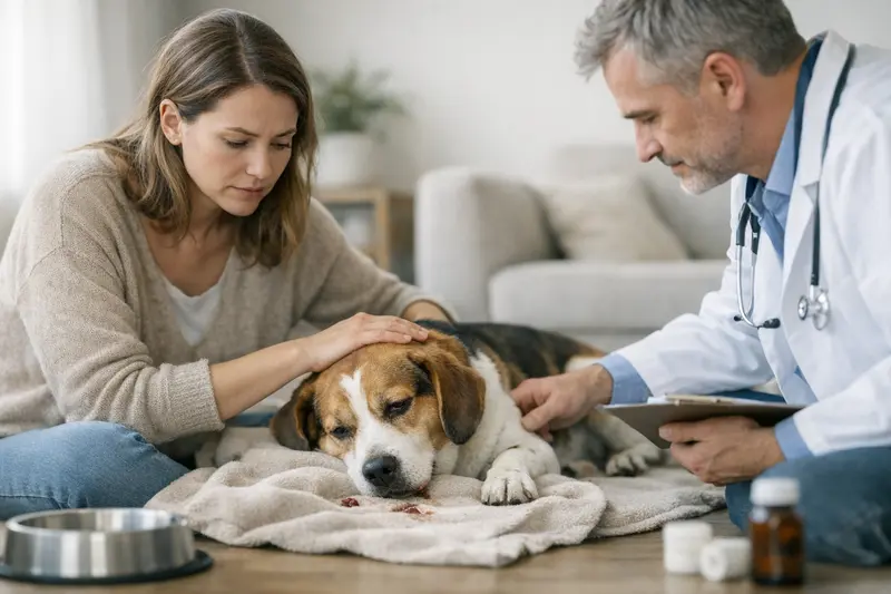 Hund Durchfall Notfall Ein besorgter Hundebesitzer zeigt einen Hund mit Durchfall, während er über Notfallmaßnahmen nachdenkt.