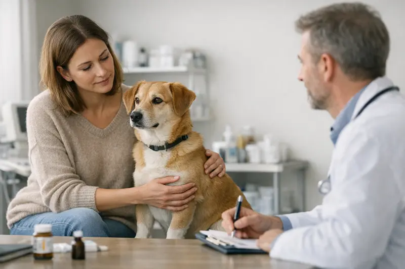Hundehalter bespricht wichtige Tarifmerkmale mit Tierarzt für häufige Tierarztbesuche.