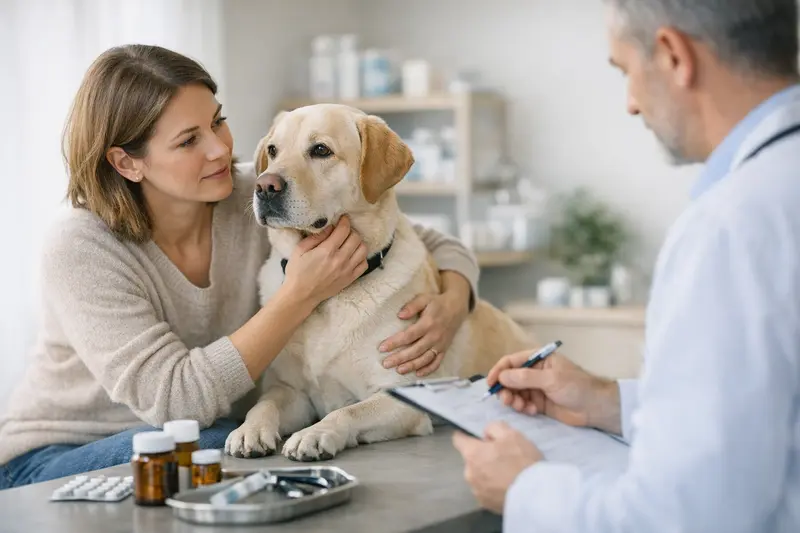 Tierarztbesuch Hund Gesundheitsvorsorge Ein Hund erhält eine tierärztliche Untersuchung zur Gesundheitspflege.