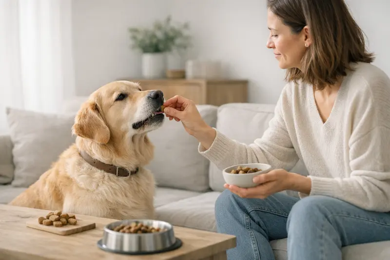 Ein glücklicher Hund erhält ein Leckerli während einer Fütterung.