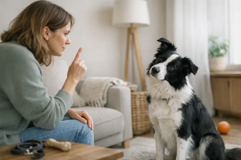 Hund reagiert auf Kommandos Ein Hund reagiert auf seinen Namen, während im Hintergrund Alltagssituationen sichtbar sind.