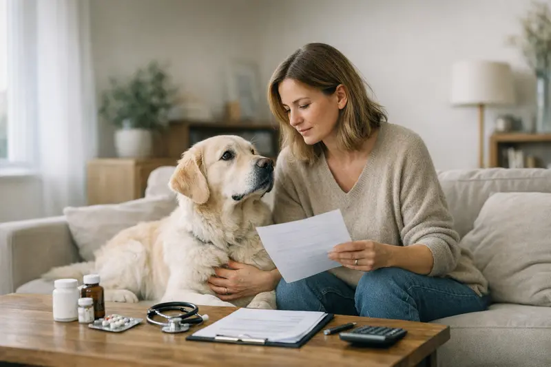 Vergleich von Hundekrankenversicherungen Eine Person vergleicht verschiedene Hundekrankenversicherungen am Computer.