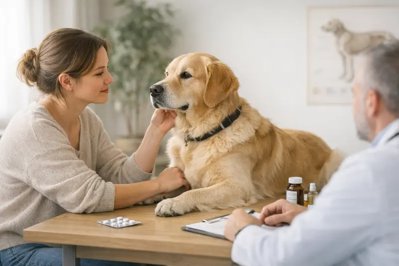 Ein Hundefreund besucht einen Tierarzt zur Vorsorgeuntersuchung.