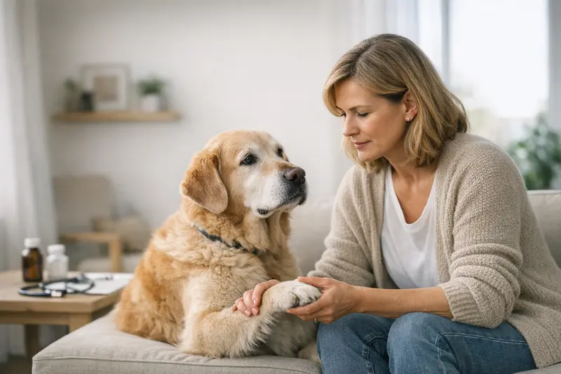 Alter des Hundes und Versicherungsentscheidungen Ein älterer Hund, der beim Tierarzt untersucht wird, mit Fokus auf die Bedeutung des Alters für Versicherungsentscheidungen.