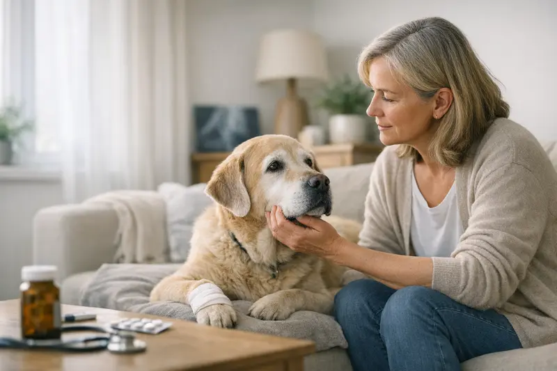 Altersgerechte Tierarzunterstellung für Hunde Ein älterer Hund, der tierärztlich untersucht wird, um die Bedeutung des Alters bei der Tierkrankenversicherung zu verdeutlichen.