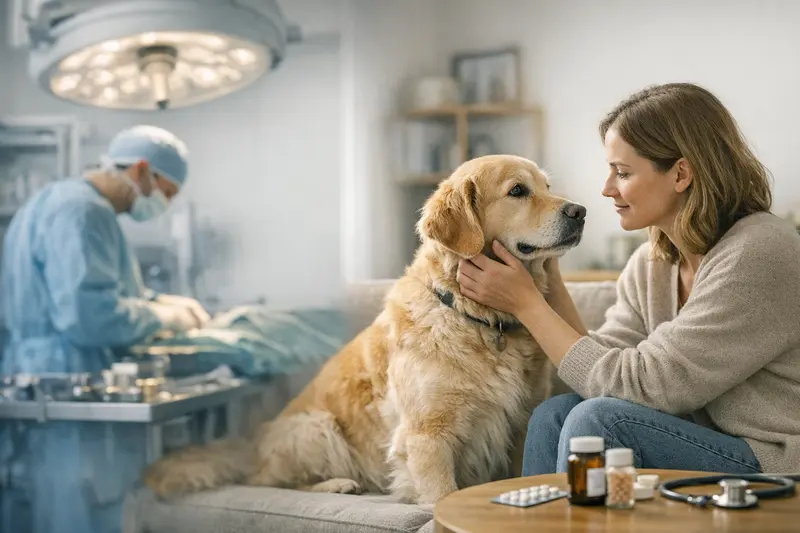 Eine Hundehalterin informiert sich über den Unterschied zwischen OP- und Krankenversicherung für ihren Hund.