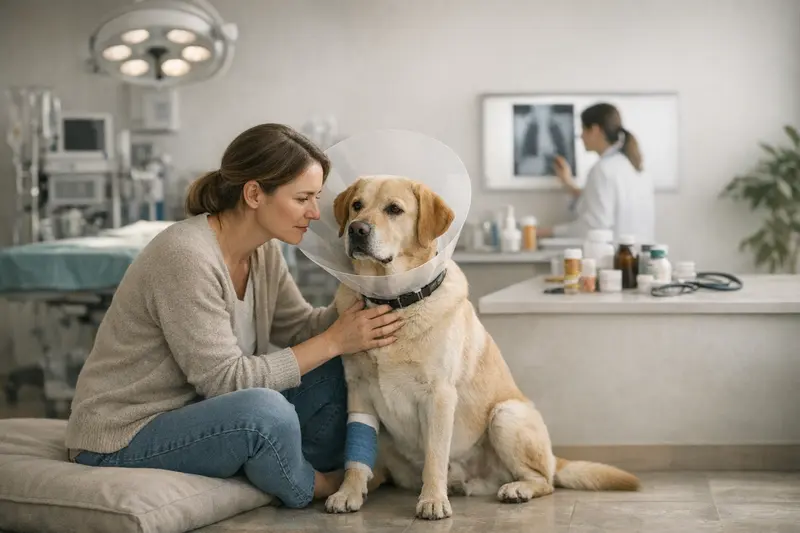 Hundehalter erwägt Entscheidung zwischen OP- und Krankenversicherung für seinen Hund.