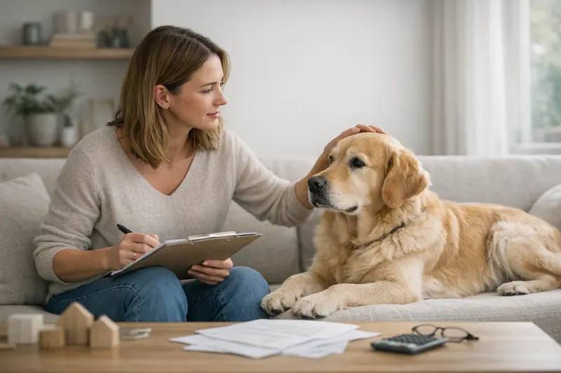Ein Hund beim Besuch beim Tierarzt, während wichtige Tarifdetails zur Krankenversicherung angezeigt werden.