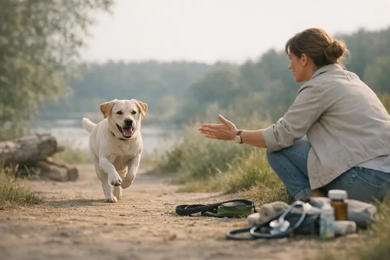 Gut trainierter Rückruf bei Hunden Ein gut trainierter Hund reagiert sofort auf den Rückruf seines Besitzers im Park.