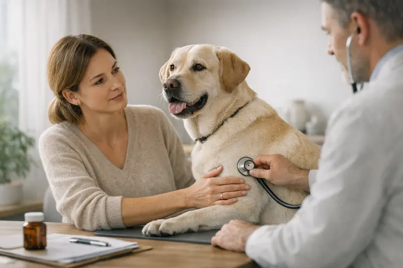 Vorsorgeuntersuchung für Hunde Ein Hund beim Tierarzt, der zur Vorsorgeuntersuchung gebracht wird.