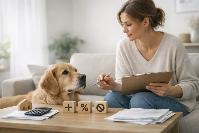 Tarifvergleich Hundekrankenversicherung Ein Hundebesitzer vergleicht verschiedene Tarife für eine Tierkrankenversicherung am Laptop.