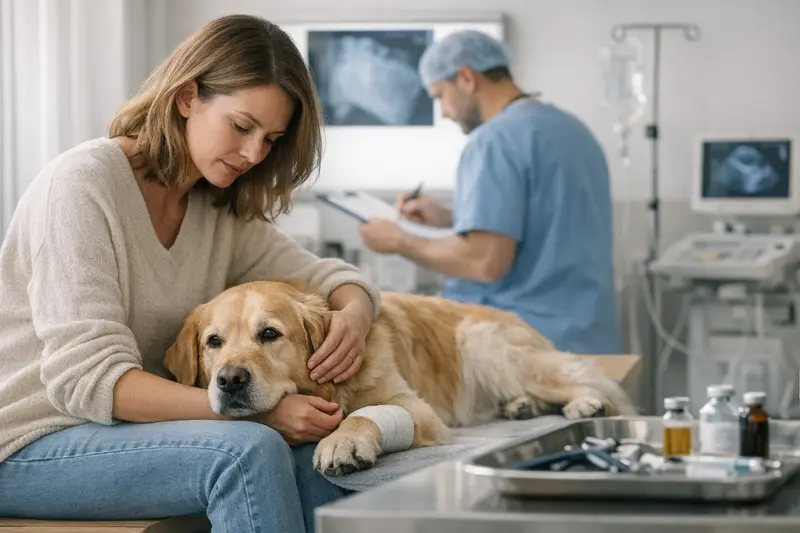 Diagnostik bei Hundevericherung Hund während einer tierärztlichen Untersuchung zur Diagnostik vor einer Operation
