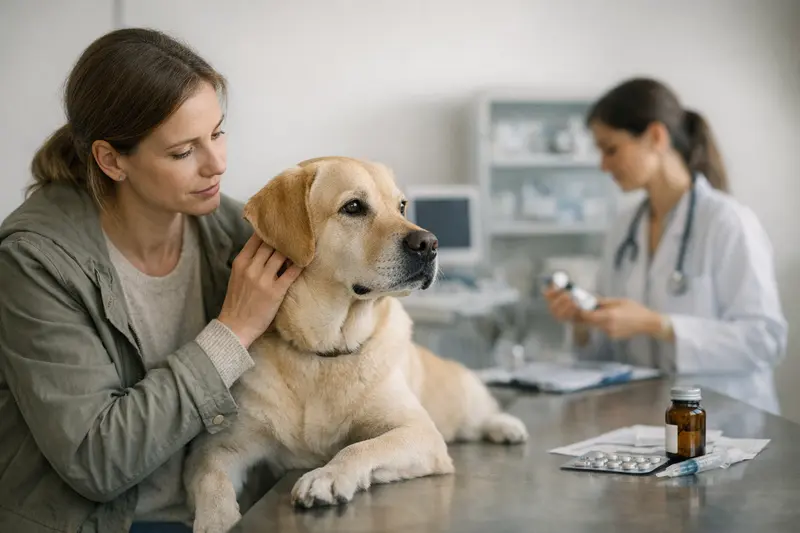 Ein Hundebesitzer liest aufmerksam die Tarifdetails für Tierarztbesuche über eine Hundeversicherung.