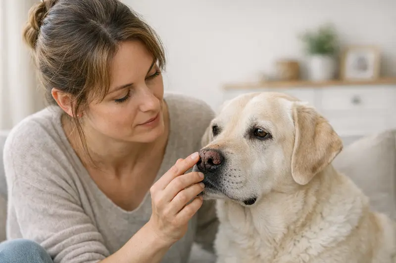 Eine trockene Hundenase eines beunruhigten Hundes, die auf potenzielle Gesundheitsprobleme hinweisen kann.