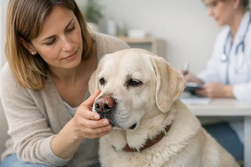 Ein Hund mit rissiger Nase, der besorgt wirkt und auf seinen Halter schaut.