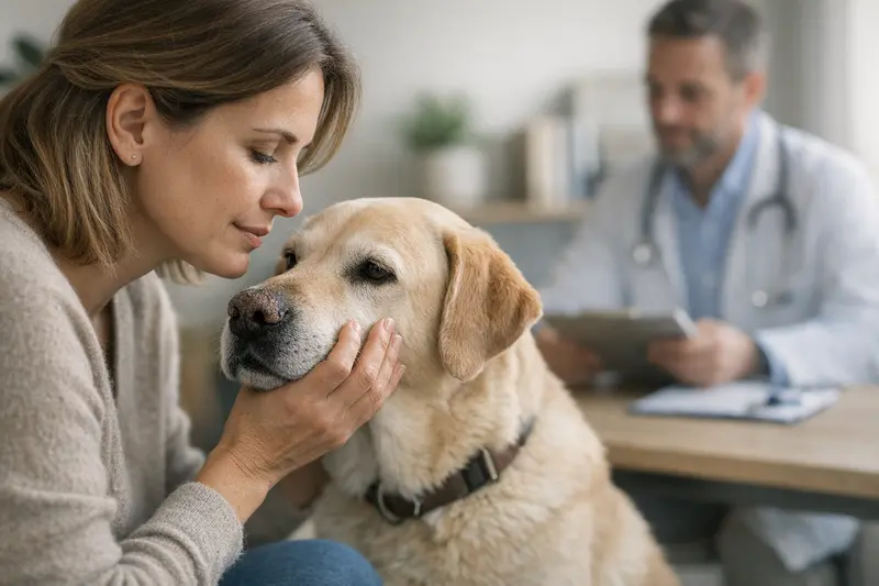 Hundehalterin informiert sich über Wartezeiten und Symptome bei der Tierkrankenversicherung.