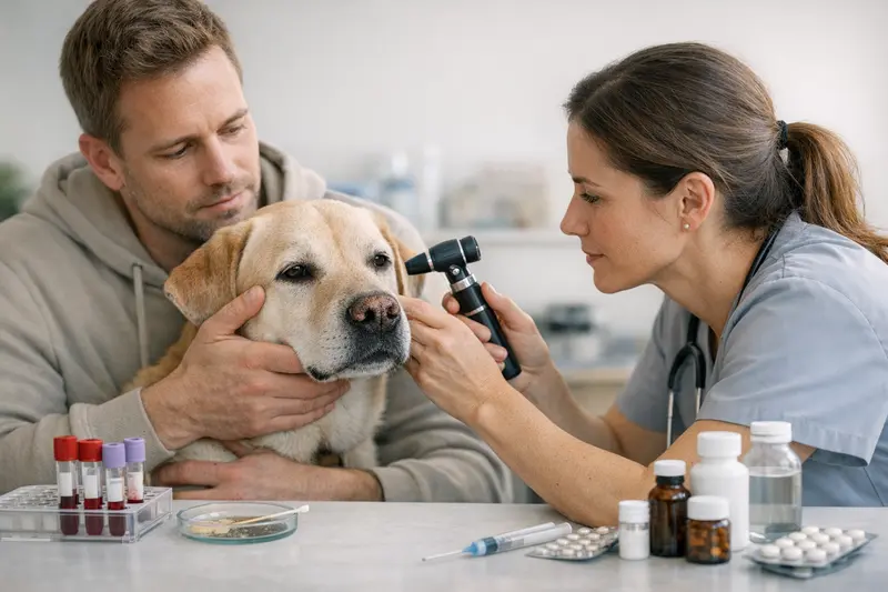 Nasenprobleme bei Hunden Ein Hund mit einer rissigen und trockenen Nase, der beim Tierarzt untersucht wird.