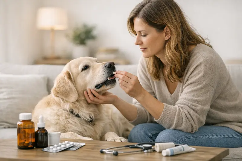 Ein Hund mit fragendem Blick beim Tierarzt, relevant für die Suche nach Versicherungsleistungen.