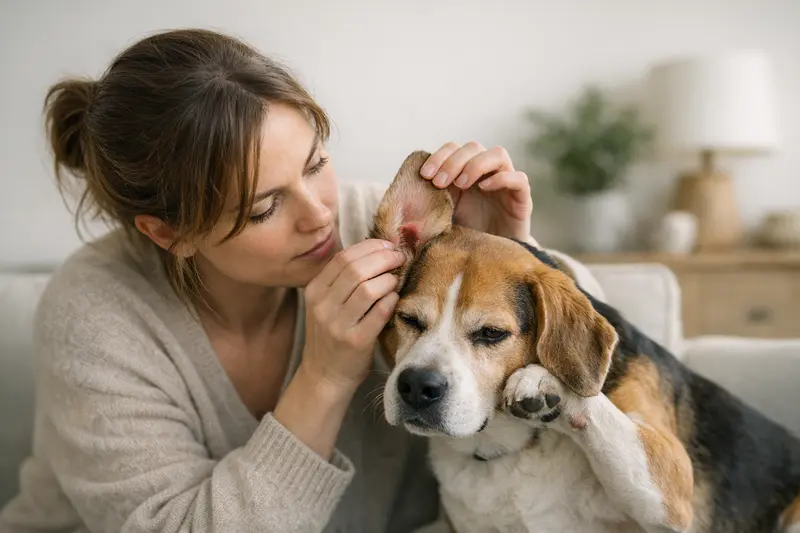 Hund mit Ohrproblemen, der zum Tierarzt gebracht wird.