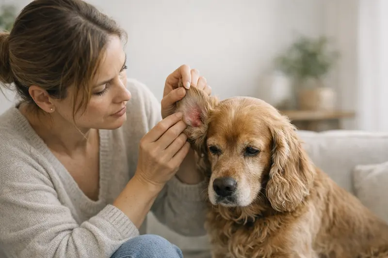 Tierarztuntersuchung bei Ohrentzündung Ein Hund mit Ohrentzündung wird von einem Tierarzt untersucht.