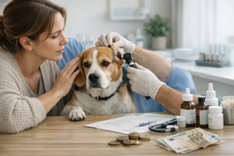 Tierarztbesuch für Hund mit Ohrentzündung Ein Hund wird beim Tierarzt behandelt, um eine Ohrentzündung zu diagnostizieren.