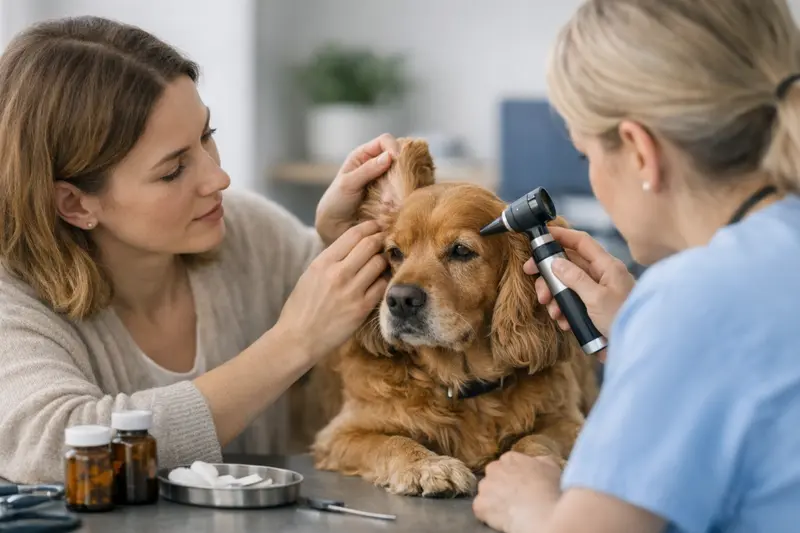 Hunde-Ohruntersuchung beim Tierarzt Tierarzt untersucht das Ohr eines Hundes auf Entzündungen.