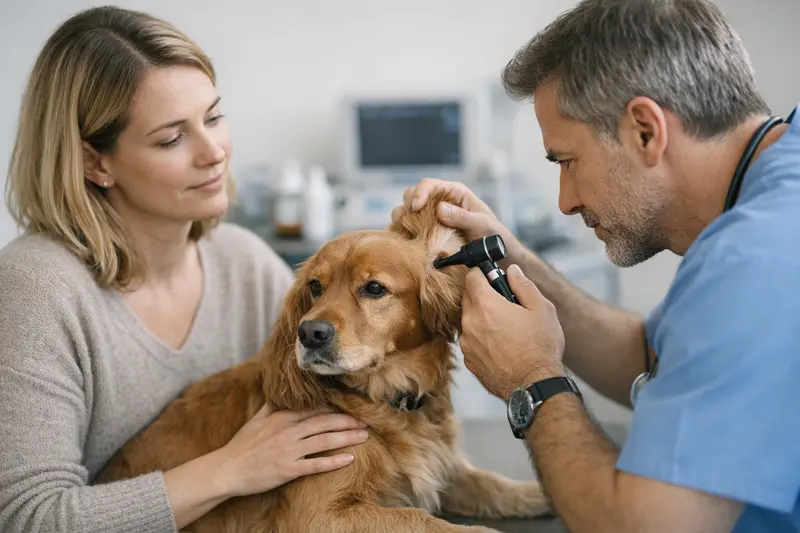 Hund mit Ohrenproblemen wird vom Tierarzt untersucht.