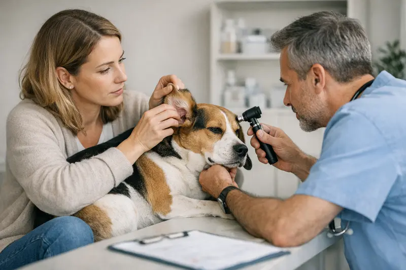 Hund mit Ohrenproblemen beim Tierarzt Ein Hund mit Ohrenproblemen beim Tierarzt, was die Bedeutung einer Versicherung verdeutlicht.